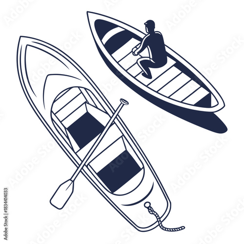 Two Canoes, One with a Paddler, on a White Background Keywords: canoe, kayak, boat, rowing