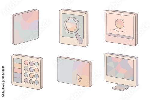 Experimental Color Interfaces. Isometric vector illustration set of experimental color interfaces: morphing hue patterns,