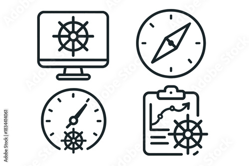 Nautical Navigation Icons. Icons for: nautical assessment control systems, compass-guided evaluation tools, marine gauge icons,
