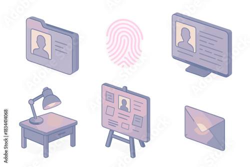 Cyber-Noir Detective Setup. Isometric vector illustration set of cyber-noir detective setup: digital dossier file, neon