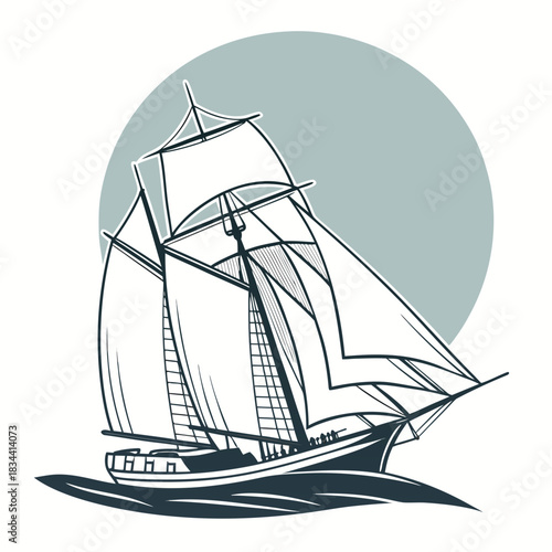 Schooner Sailing Ship in a Circular Frame sailboat vessel