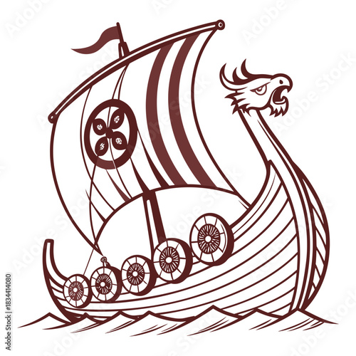Viking Longship with Dragon Head and Shield Motif on White Background Keywords: viking, longship