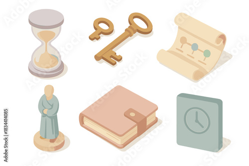 Chronological Travel Keepsakes. Isometric vector illustration set of chronological travel keepsakes: mini hourglass, antique key,
