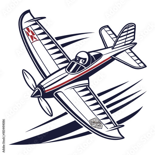 Vintage airplane in flight with stylized speed lines aircraft propeller plane