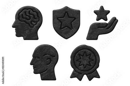 Abstract Excellence Icons. Solid style icons of abstract excellence: embossed thought pattern, raised symbol of mastery, sculpted