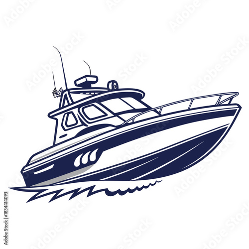 Blue and White Speedboat Illustration with Water Splashes Keywords: speedboat, boat, watercraft