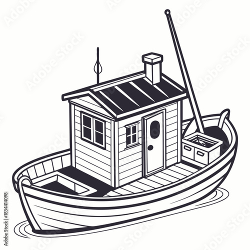 Cartoon fishing boat with cabin and chimney on white background watercraft vessel