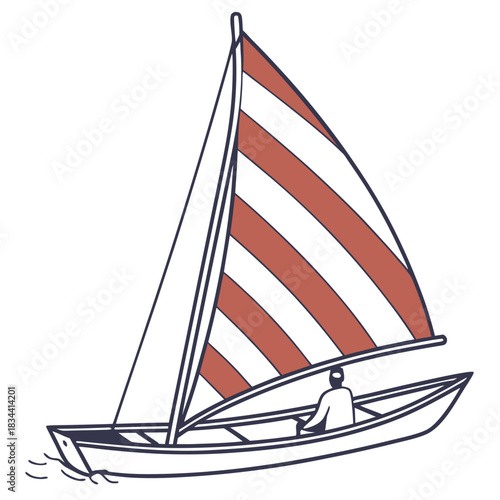Simple Line Drawing of a Sailboat with Red and White Striped Sail sailing water