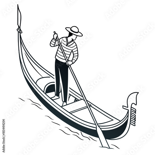Black and White Illustration of a Gondolier Steering a Gondola in Water Venice Italy
