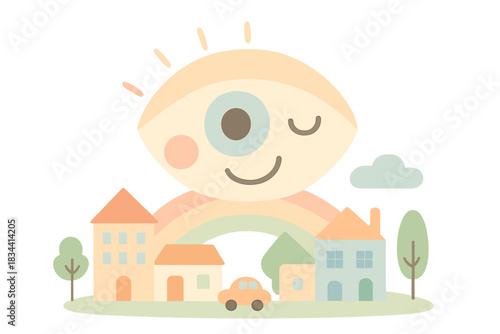 Joyful Eye Over Neighborhood. A happy winking eye watching over a joyful neighborhood, soft harmonious pastel palette, No text, No