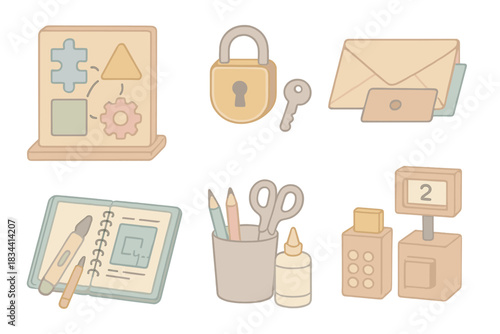 Escape Room Workshop. Isometric vector illustration set of escape room workshop: puzzle prototype board, key and lock assembly,