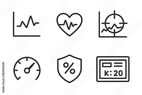 Performance Analysis Icons. Line style icons of performance analysis: APM chart (actions per minute), reaction time pulse,
