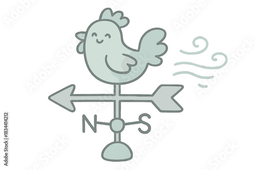 Cheerful Weather Vane. A cheerful weather vane with tiny happy wind lines, soft rounded doodle forms, pastel gray and teal palette