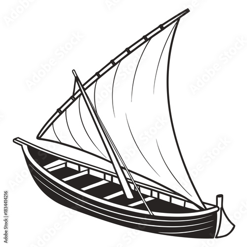 Black and white illustration of a traditional sailing dhow boat ship watercraft