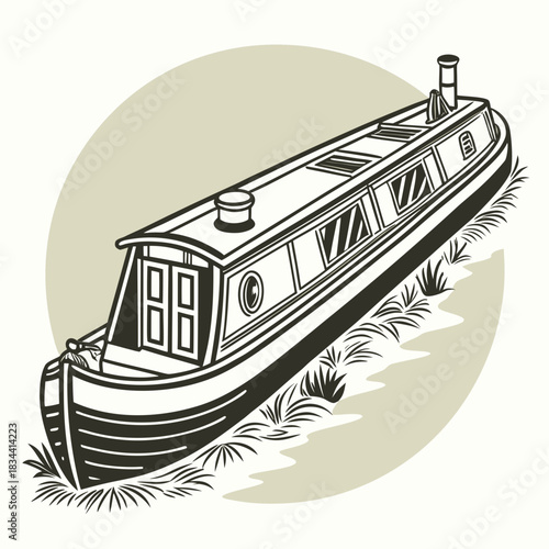 Narrowboat on a Canal with Grass and Oval Background canal boat barge