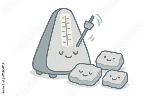 Playful Metronome Timing. A playful metronome keeping time for tiny smiling tectonic plates, soft rounded doodle style, pastel