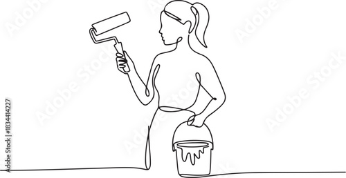 Continuous single line of woman female painter holding painting roller and paint bucket can. one line Icon drawing