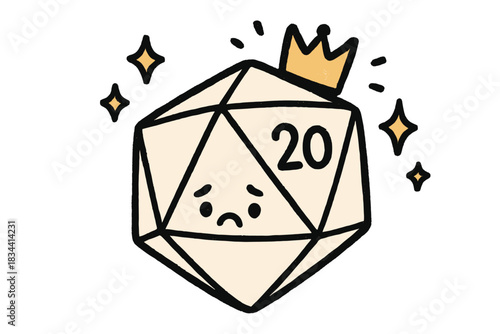Lucky D20 Doodle. Cute doodle twenty-sided die with the “1” side showing a tiny frowning face and the “20” side wearing a crown,