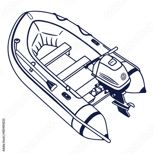 Outline drawing of an inflatable dinghy with an outboard motor boat rubber boat