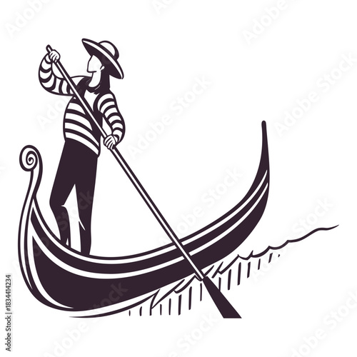 Stylized Black and White Silhouette of a Gondolier and Gondola Venice Italy