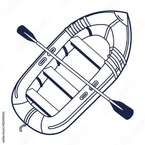 Top-down view outline of an inflatable raft with oars boat dinghy