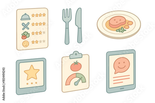 Dining Evaluation Icons. Isometric vector illustration set of dining experience evaluation: scorecard with multiple categories,