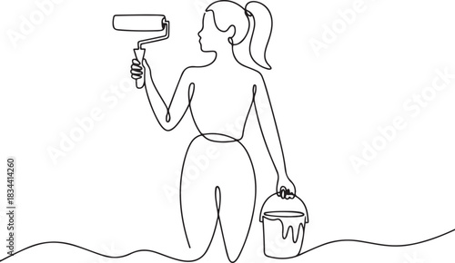 Continuous single line of woman female painter holding painting roller and paint bucket can. one line Icon drawing