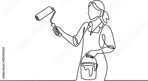 Continuous single line of woman female painter holding painting roller and paint bucket can. one line Icon drawing