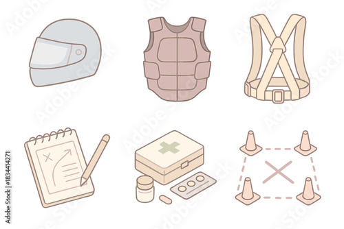 Stunt Prep Essentials. Isometric vector illustration set of action performance preparation: helmet with visor, body armor pads,
