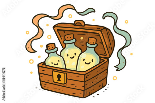 Whimsical Echoes Chest. A quirky treasure chest with grinning bottles of captured echoes, floating ribbons and soft glowing lights
