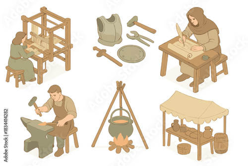 Historical Crafts Icons. Isometric vector illustration set of historical trades and crafts: weaver’s loom with shuttle, armor