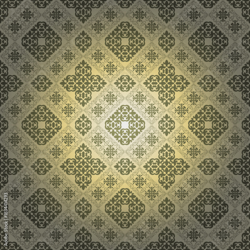 Elegant seamless royal pattern featuring golden line-art crowns, flourishes, and ornamental motifs on a black background. The luxurious vintage design evokes a regal, aristocratic aesthetic suitable f