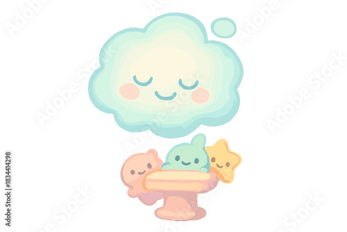 Dreamy Bubble Pedestal. A small pedestal with a smiling dream bubble hovering above, tiny happy creatures peeking from behind,
