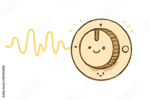 Cheerful Audio Waveform. Cute doodle waveform looping into the shape of a vintage audio knob, tiny smiling dials and glowing