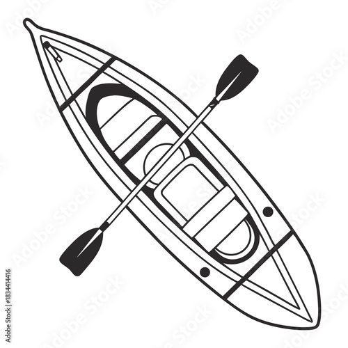 Top-down line art illustration of a kayak with a paddle on white canoe boat