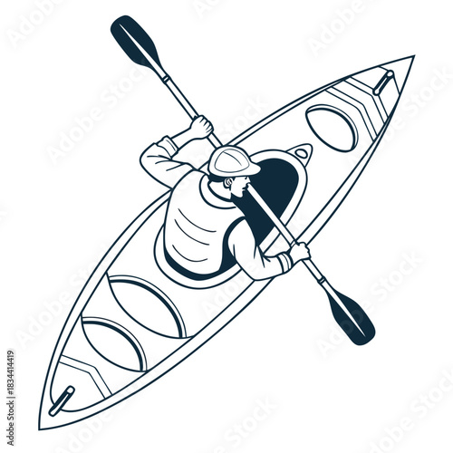 Top View of Kayaker Paddling Kayak with Oar Keywords: kayaking, kayaker, kayak, paddle, oar