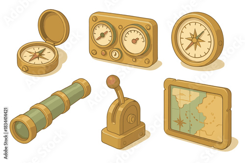Steampunk Navigation Instruments. Isometric vector illustration set of steampunk navigation instruments: brass compass, gauge