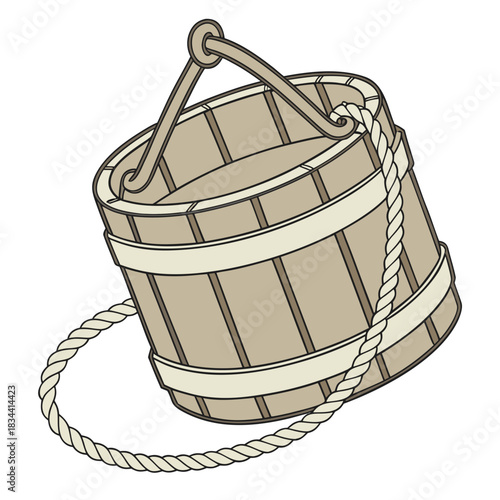 Wooden Bucket with Rope Handle on White Background raft icon