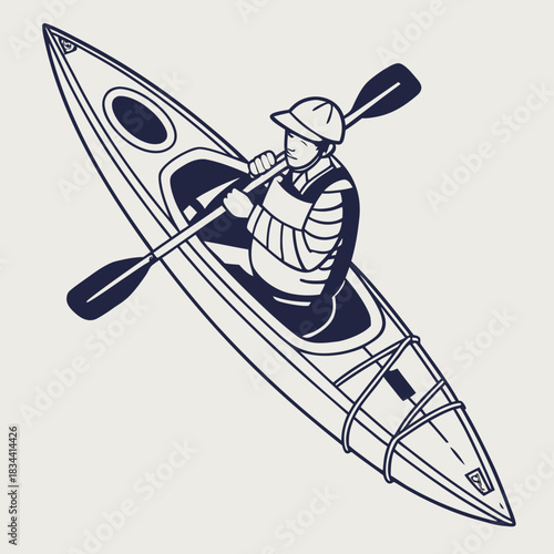 Person in Kayak Paddling with Oar on Light Background Keywords: kayaking, kayaker, kayak, paddle