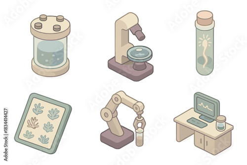 Deep Sea Lab Tools. Isometric vector illustration set of deep sea lab tools: pressure-resistant specimen jar, underwater