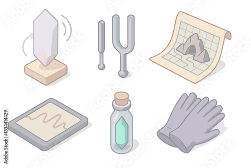 Mystical Cave Tools. Isometric vector illustration set of mystical cave instrumentation: energy scanning crystal, tuning fork set,