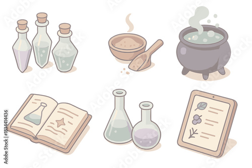 Enchanted Potion Icons. Isometric vector illustration set of enchanted potion workflow: crystal vials, powdered ingredients,