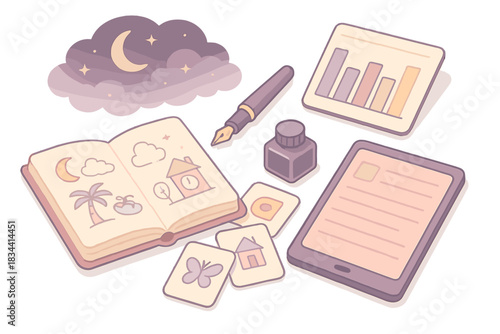 Dream Journaling Tools. Isometric vector illustration set of dream journaling tools: open journal with dream sketches, recurring