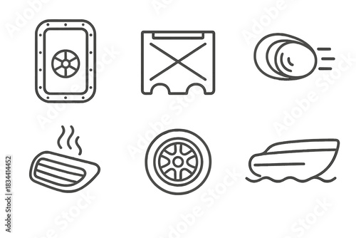 Amphibious Car Line Design. Line style icons of amphibious car design elements: watertight door icon, reinforced underbody, sealed
