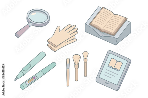 Book Conservation Tools. Isometric vector illustration set of book conservation workflow: magnifying loupe, archival gloves,