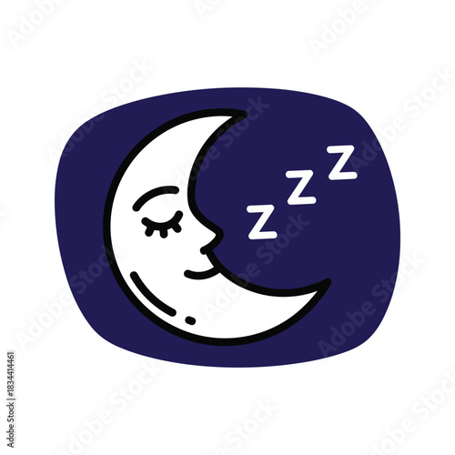 White crescent moon with closed eyes and zzz symbols sleep sleeping