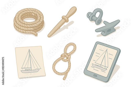 Sailboat Tools Icons. Isometric vector illustration set of traditional sailboat tools: coiled rope bundle, belaying pin, shackle