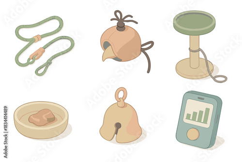 Falconry Kit Essentials. Isometric vector illustration set of falconry kit: jess and leash, falcon hood, perch with tether,