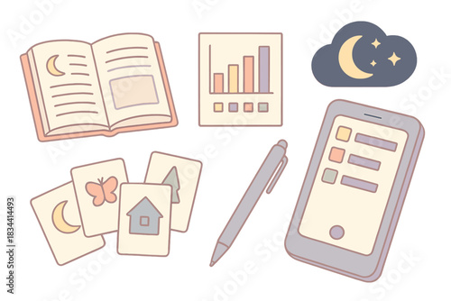 Dream Analysis Toolkit. Isometric vector illustration set of subconscious motif tracking: dream journal open, motif frequency