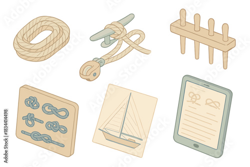 Sailboat Rigging Icons. Isometric vector illustration set of sailboat rigging practice: coiled rope bundle, cleat and block,